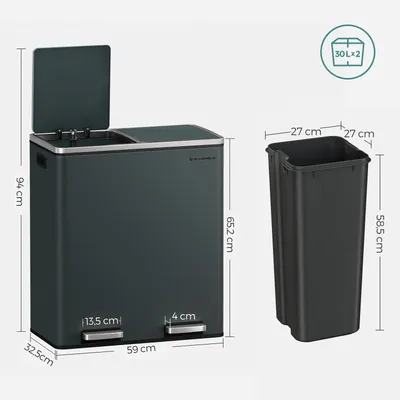 Obrázek produktu pro SONGMICS Odpadkový koš 60 l s vložkou do koše se 2 přihrádkami 2 x 30 l kovový pedálový koš Vnitřní odpadkový koš z plastu Softclose vzduchotěsný šedý LTB60GS