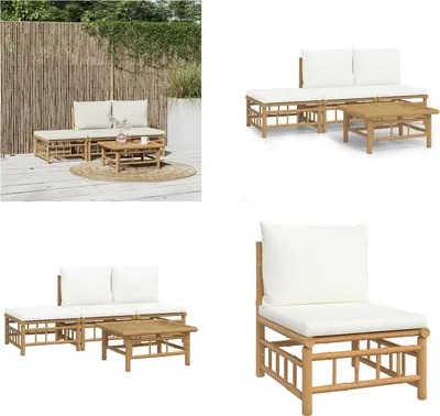 Produktbild von vidaXL 4 tlg. Garten Lounge Set mit Cremeweißen Kissen Bambus - Garten Lounge Set - Garten Lounge Sets - Lounge Set - Gartenmöbel Set