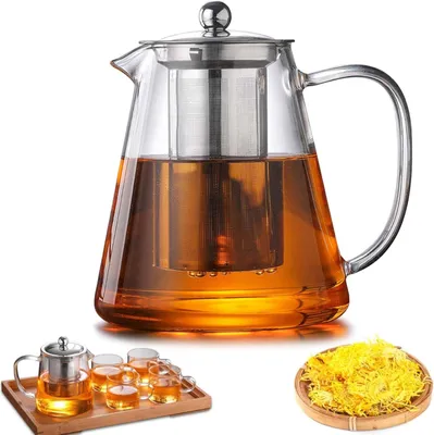 Imagen del producto de Tetera de vidrio con infusor y tapa, 1300 ml, resistente al calor, ideal para té a granel