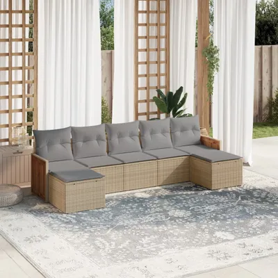 Produktbild von Design 7-tlg. Garten-Sofagarnitur mit Kissen Beige Poly Rattan, Gartenmöbel-Sets 2024 Neu