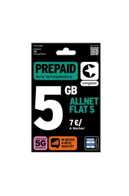 Produktbild von congstar Prepaid Allnet S: 5 GB Datenvolumen & Flatrate für Telefonie und SMS, 5G-Speed, EU-Roaming, SIM Karte, Prepaidkarte