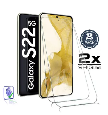 A product shot of two screen protectors for a Samsung Galaxy S22 5G phone, with the phone itself visible in the background.