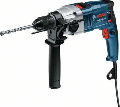 A Bosch professional hammer drill with a drill bit attached, shown against a white background.