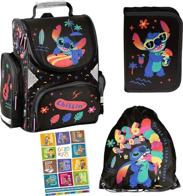 Produktbild von Schulranzen für Jungen und Mädchen - Schul-Rucksack für Kinder mit Federmäppchen - Schuhbeutel und Hausaufgabenheft - Lilo und Stitch Motiv