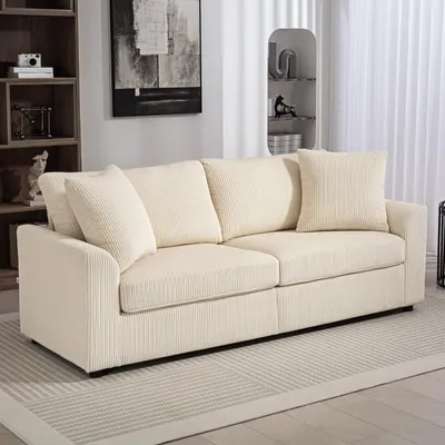 Produktbild von 3-Sitzer-Sofa Cordstoff, Couch mit Zierkissen, Cremeweiß, Polstersofa | 212 x 80 x 88 cm | Stahlrahmen | federgepackte Polsterung