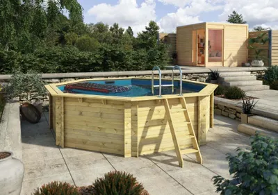 Produktbild von Karibu | Achteck Massivholz Pool 428 x 428 x 124 cm Modell 2C | SET inkl. Sonnenterrasse 96 x 199 cm, Zubehör und Pool Leitern