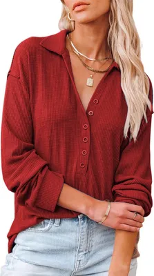 Produktbild von ASKSA Damen Baumwolle Blusen V-Ausschnitt Tops Langarm Einfarbig Knopf Tunika Shirts Oberteile, Rot, XL