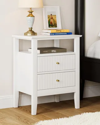 Produktbild von Nachttisch Retro, 2 Schubladen, Massivholz, Weiß, für Schlafzimmer und Wohnzimmer