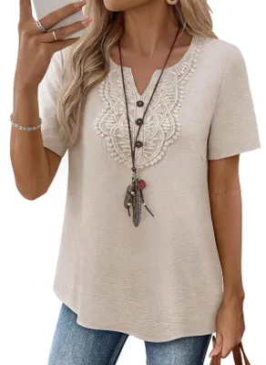 Produktbild von TUUHAW Tunika Damen V Ausschnitt Elegante Sommer Bluse Casual Aprikose M