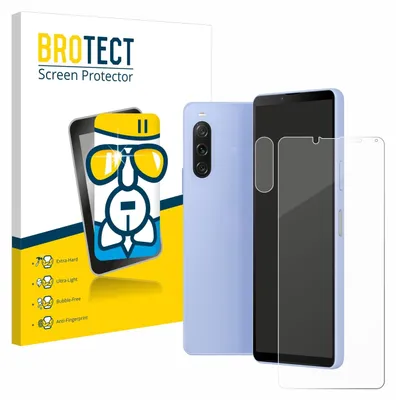 A product shot of a phone screen protector with packaging and a phone.