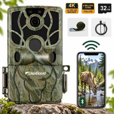 Zdjęcie produktu dla Usogood, kamera myśliwska WLAN 4K z transmisją do telefonu, karta 32GB i 8 baterii AA