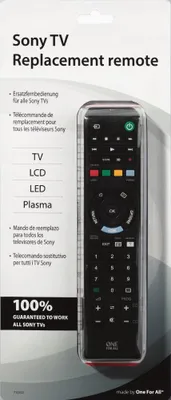 The image shows the packaging of a Sony TV replacement remote. The remote is visible inside a clear plastic cover, and the packaging has text and graphics related to the product.