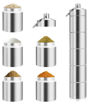 Produktbild von 5-in-1 Gewürzstreuer, Mini Gewürzset für Camping, Nachfüllbare Gewürzdosen aus Edelstahl für Reisen, Outdoor, Picknick und Küche