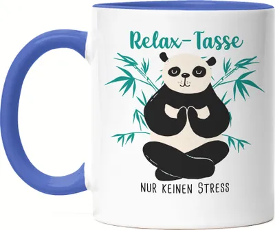 Produktbild von Relax nur keinen Stress Tasse Blau Meditation Lustig Spruch Ironie Panda Bär Geschenk-Idee Bürokollegen Chillen Yoga