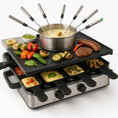 Produktbild von Multifunktions-Raclette für 8 Personen mit Fondue Einsatz, Pfännchen & Schabern