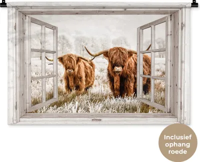 Produktbild von MuchoWow® Wandteppich Wandbehang Durchblick - Schottische Hochlandrind - Tiere 90x60 cm Tapisserie Dekoration Wandtuch - Wandskulpturen - Bildteppich
