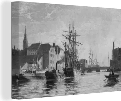 Produktbild von OneMillionCanvasses® - Leinwandbilder - 140x90 cm, Hafen von Kopenhagen - Gemälde von Vilhelm Arnesen - schwarz-weiß, Wandbilder Kunstdruck Wanddekoration