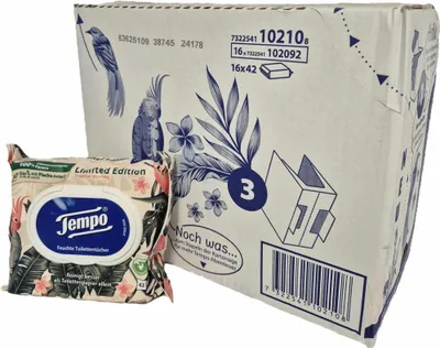 Produktbild von Tempo Feuchtes Toilettenpapier Mein Verwöhnmoment Limited Edition - wechselnde Designs, Ohne Farbstoffe, Wiederverschließbar, Vorteilspack, 16 x 42