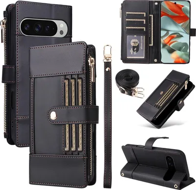 Produktbild von Für Google Pixel 10 Pro XL Crossbody Leder Zipper RFID Schutz Tasche Schwarz