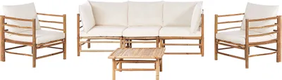 Produktbild von BELIANI Lounge Set 4-Teilig Hellbraun u. Cremeweiß Bambusholz 3-Sitzer Sofa mit 2 Sesseln Couchtisch 12 Kissen Garten Terrasse Outdoor Ausstattung
