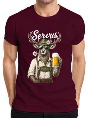 Productafbeelding van Servus Hirsch, traditionele lederen broek, bier, , Dirndl, Wiesn, Alm, heren T-shirt, bordeauxrood, maat M