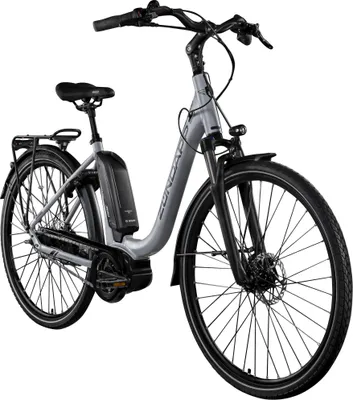 A studio shot of a gray electric bicycle against a white background.