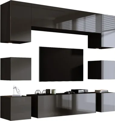 Produktbild von Wohnwand Mattschwarz/Grau Hochglanz MDF, 228 x VERSTELLBAR x 35cm
