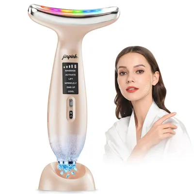 Immagine prodotto di Dispositivo per il massaggio facciale antirughe con tecnologia EMS, funzione di raffreddamento a 5 °C e riscaldamento a 45 °C, Gua Sha elettrico, 6 modalità e LED a 7 colori – Dispositivo di bellezza per il collo