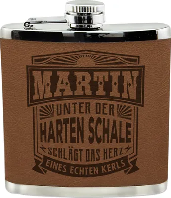 Produktbild von Echter Kerl Flachmann Martin Nierenform Kunstleder geprägte Sprüche 9,5x11,1 cm