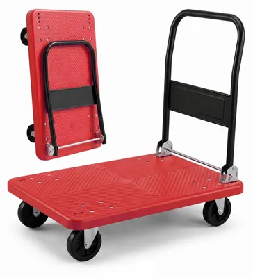 Produktbild von Relaxdays Transportwagen bis 300 kg, klappbar, Plattformwagen, Griff, 2 Lenkrollen, große Ladefläche, Handkarre, rot