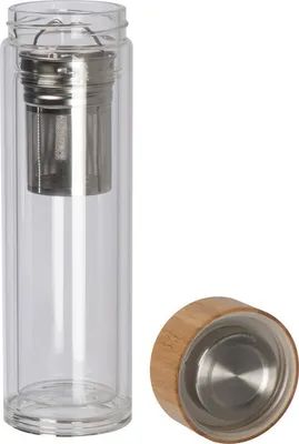 Produktbild von Doppelwandige Vakuum Trinkflasche aus Glas mit Deckel aus Bambus / 420ml