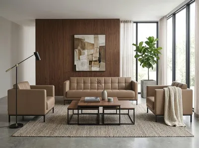 Productafbeelding van Modernes Wohnzimmer Set Sofa 2 Sessel Beige Leder Polstermöbel, AI-gegenereerde afbeelding
