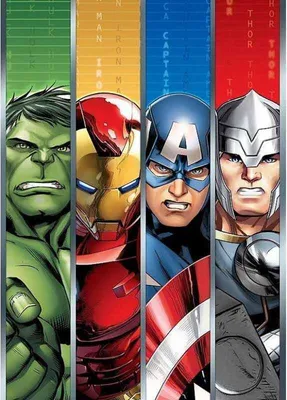 The image shows a vertical collage of four comic book characters from The Avengers: The Hulk, Iron Man, Captain America, and Thor. Each character is presented in a separate vertical panel with a solid color background and their name written vertically in t