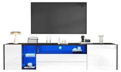 Immagine prodotto di Mobile TV – Mobile TV con illuminazione a LED – Finitura lucida – 2 cassetti – 2 ante – Adatto per televisori fino a 190 cm – Bianco e nero