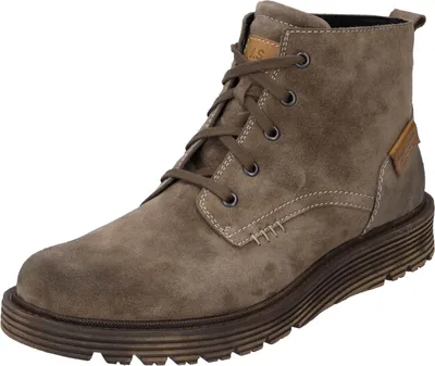 A single brown suede boot is shown against a white background.