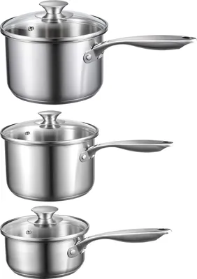 Image de SucceBuy Set de casseroles (0,95+1,89+2,84 L) avec couvercle en verre, casseroles polyvalentes avec poignées ergonomiques, pot à lait et marmite à soupe en acier inoxydable, lavable au lave-vaisselle, argent