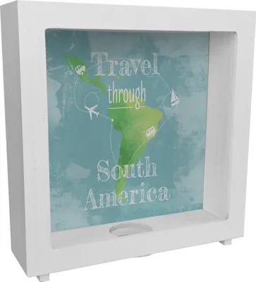 Produktbild von Rahmen Spardose aus Holz mit Südamerika Karte und Spruch - travel through