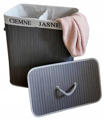 Zdjęcie produktu dla Ekspand | Kosz na bieliznę z bambusa – szary – 100 l – z pokrywą – 52 x 32 x 60 cm