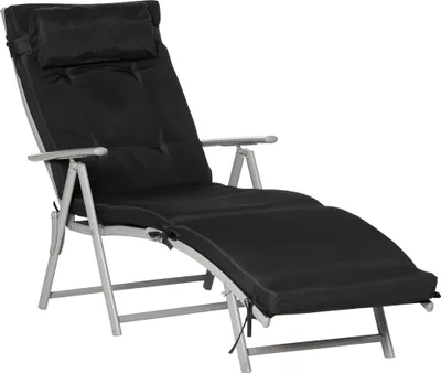 A black reclining lounge chair with a cushion and headrest, shown from a side-angle on a white background.