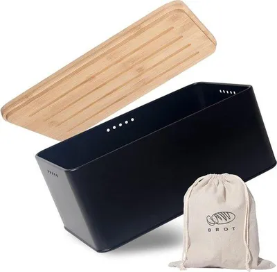Immagine prodotto di Contenitore per il pane Unyqoos® con coperchio e tagliere in bambù, dimensioni 33 x 21 x 15 cm – scatola per il pane in nero opaco con sacchetto in lino, sistema di ventilazione per una maggiore freschezza