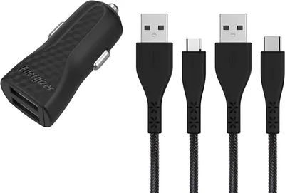 Image de Energizer HardCase - Chargeur voiture 2x USB-A 2,4A + câble USB-C & Micro-USB (Noir)