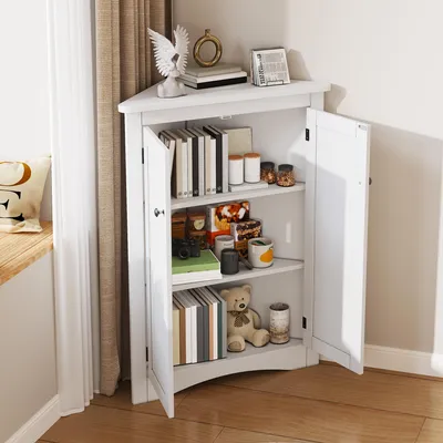 Image de OKWISH Armoire d'Angle - Meuble de Rangement avec 2 Portes et 3 Étagères pour Gain de Place - MDF Laqué - Blanc