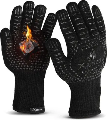 Productafbeelding van Unyqoos® ovenwanten van aramide – gecertificeerd volgens EN407, hittebestendig tot 500°C, extra lang, 5-vingerige BBQ-grillwanten met siliconen grip, wasbaar, set van 2