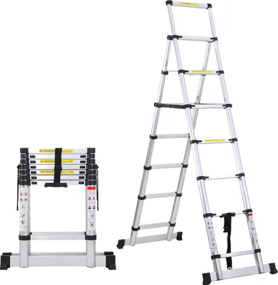 Obrázok produktu pre Teleskopický rebrík Hebitod Výsuvný rebrík Skladací rebrík 2,0 m + 2,3 m Robustný jednoduchý rebrík Hliníkový rebrík do 150 kg