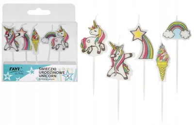 Zdjęcie produktu dla Świeczki urodzinowe Unicorn 5 szt. – jednorożce i tęcza na tort