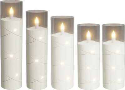 Obrázek produktu pro JOIEYOU Sada 5 LED svíček bez plamene s akrylovými kalíšky, dálkové ovládání a funkce časovače Teplá bílá svíčka Dekorace na Vánoce, Halloween, svatbu, párty (LED korálky, průhledné)