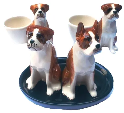 4-teiliges Keramik-Set: 2 Streuer + 2 Eierbecher, Boxerhund, braun