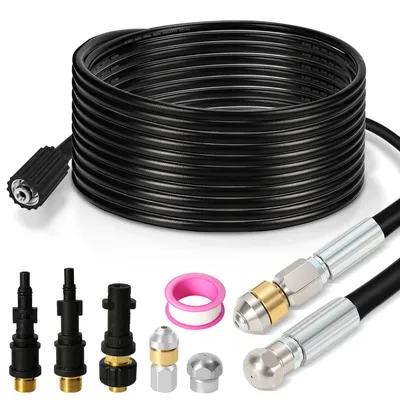 Image de Clanmacy Kit de tuyaux de nettoyage de tuyaux 15M, avec buses fixes + rotatives, 3 adaptateurs, pour nettoyeurs haute pression usuels, kit universel de nettoyage de tuyaux