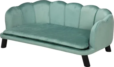 Imagen del producto de Sofá para perros y gatos Fortuna Lai, con respaldo y patas de madera, tapizado suave, color verde, dimensiones 98,5 x 60,5 x 35,5 cm, ideal para crear espacios de descanso cómodos para mascotas