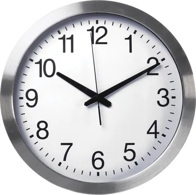 A close-up, front-facing view of a round analog wall clock with a silver frame and a white face.